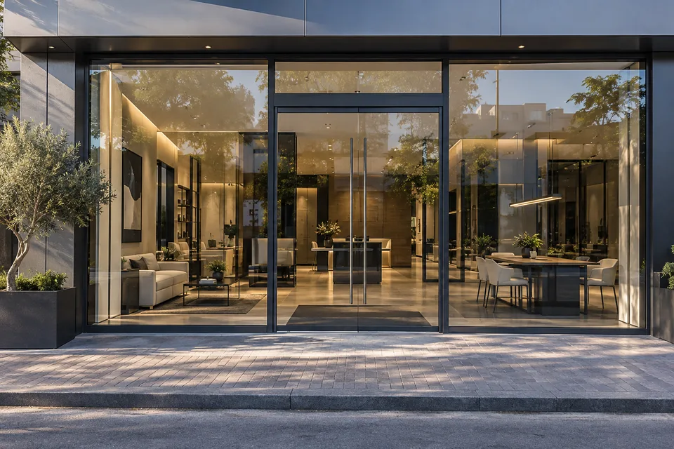 Fachada comercial de vidro com estrutura escura